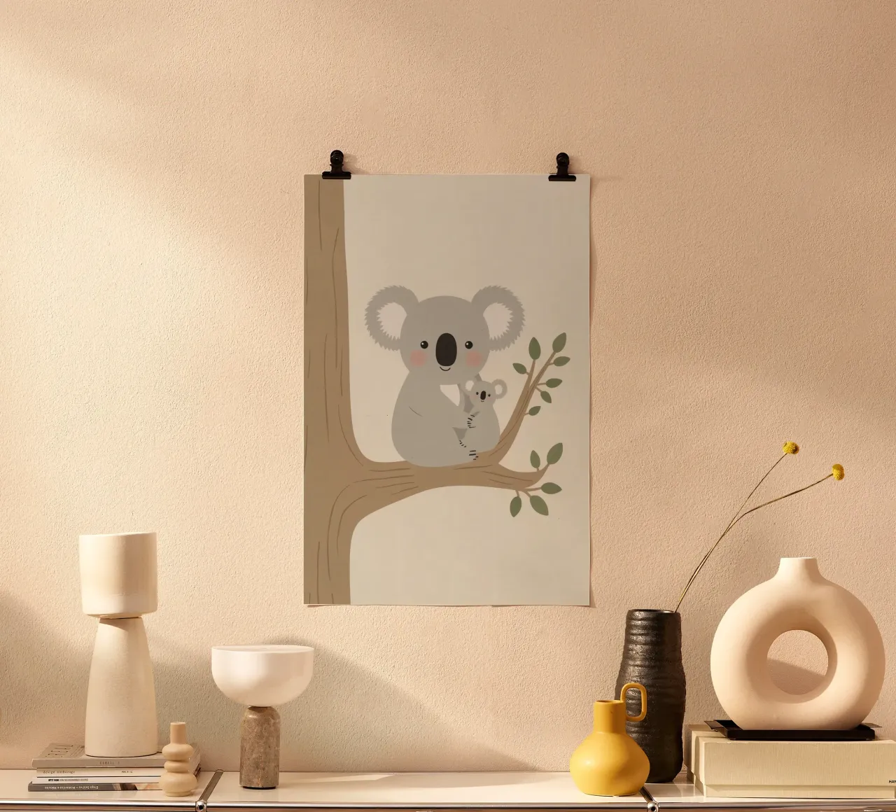 Madre e figlio di Koala felici che si abbracciano su un ramo poster con telaio in plastica da DesignDoodle