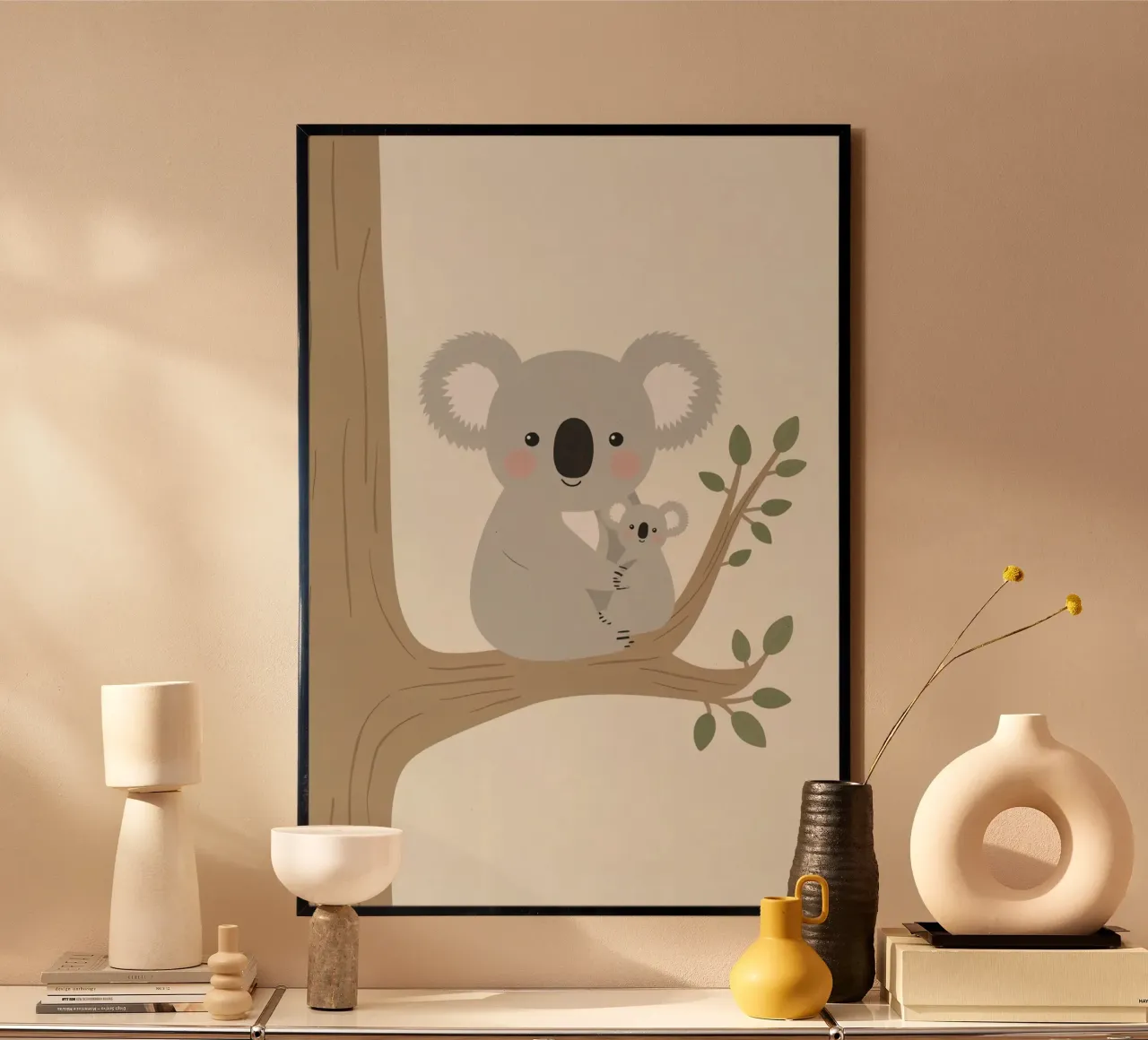 Madre e figlio di Koala felici che si abbracciano su un ramo poster con telaio in plastica da DesignDoodle