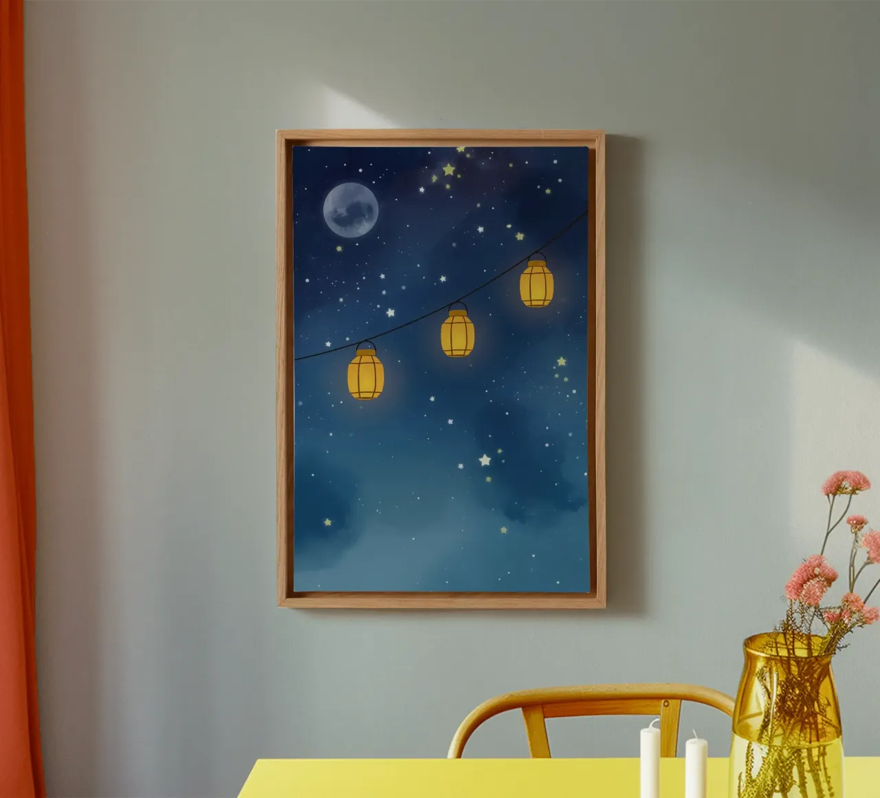 Linternas bajo un cielo estrellado con luna lienzo con Marco flotante de DesignDoodle