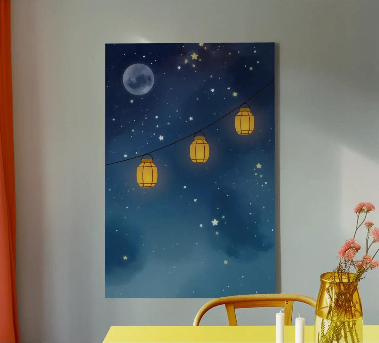 Linternas bajo un cielo estrellado con luna lienzo con Marco flotante de DesignDoodle