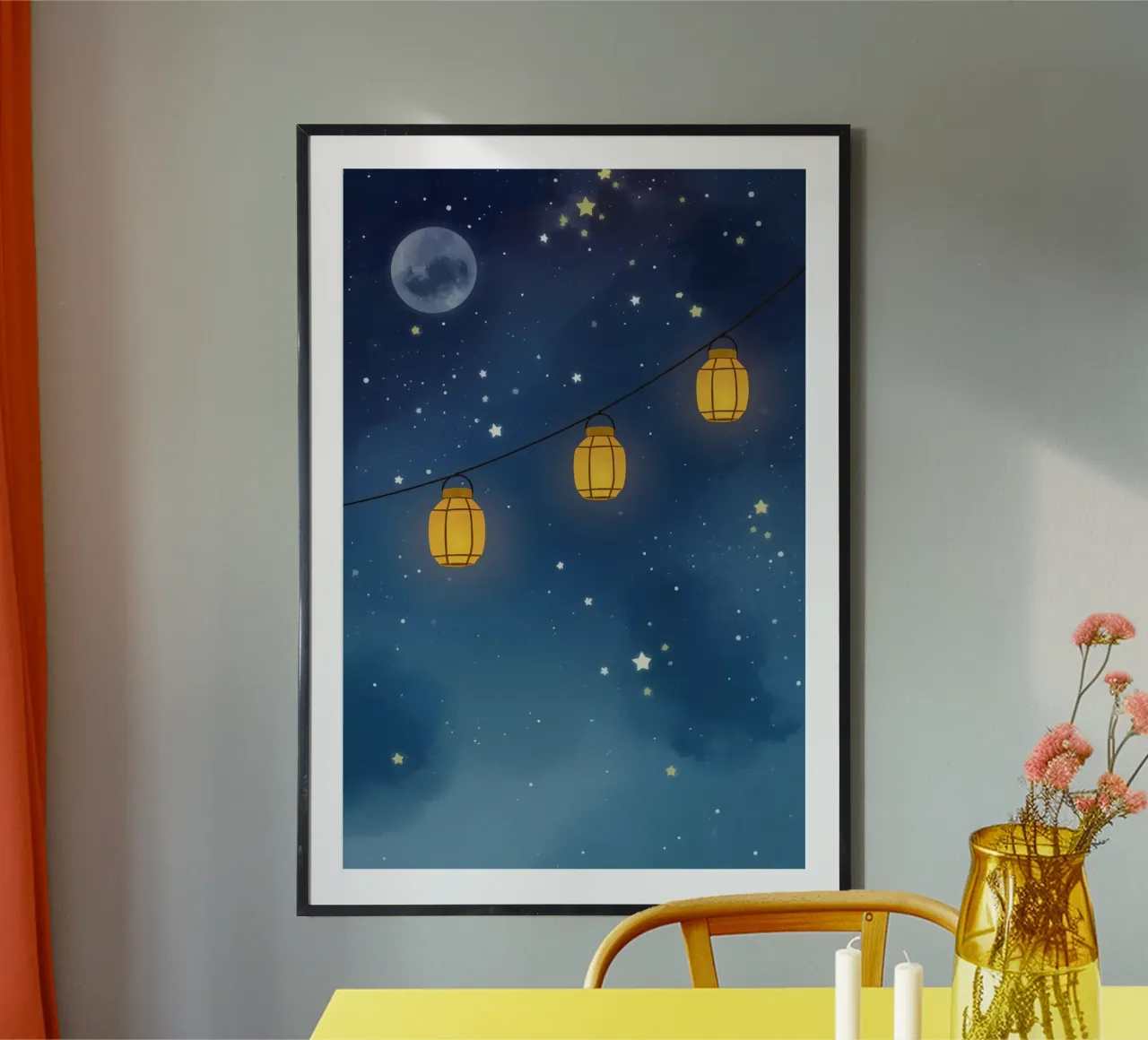 Lanternes sous un ciel étoilé avec lune poster de DesignDoodle
