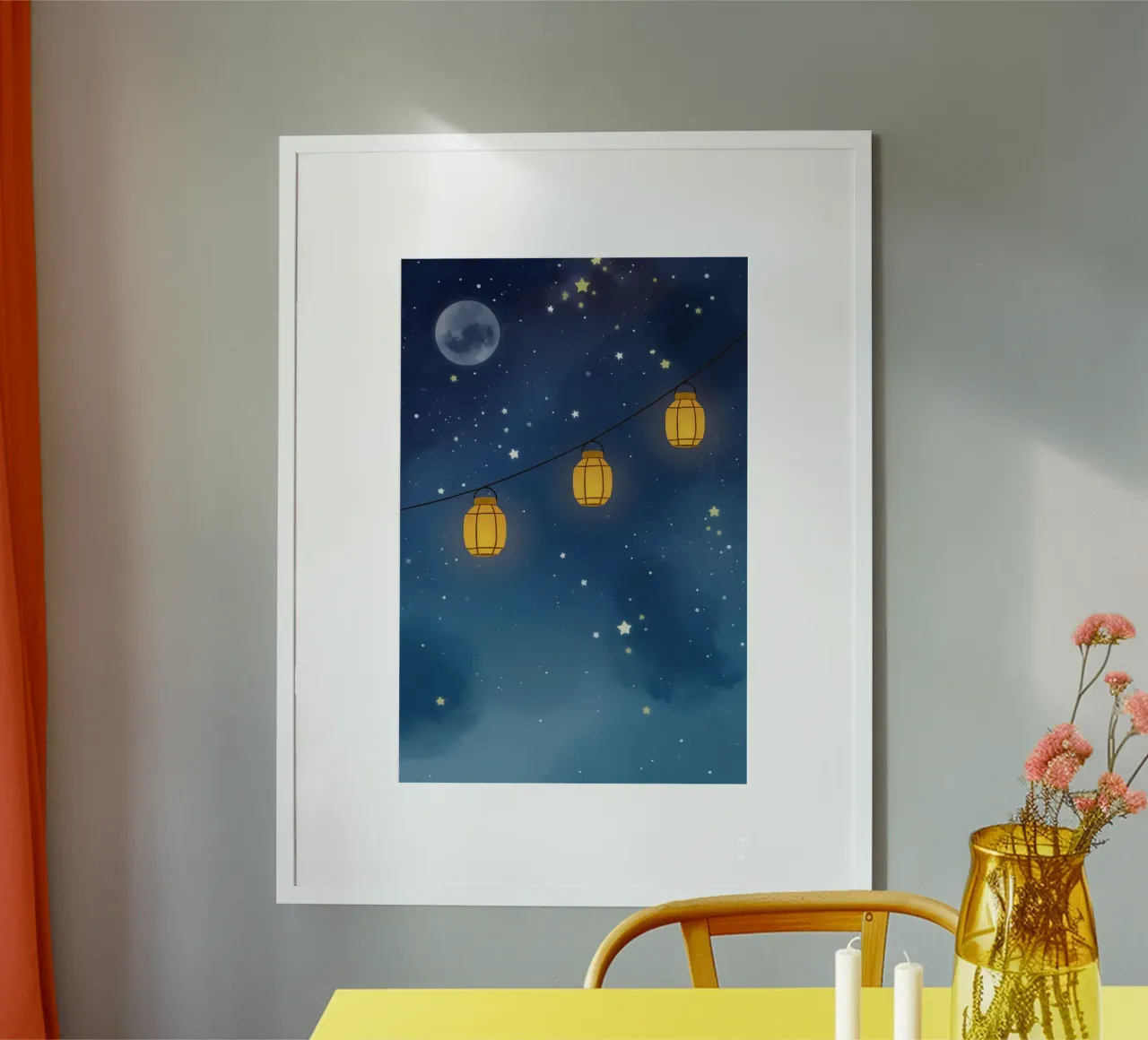 Lanternes sous un ciel étoilé avec lune poster de DesignDoodle