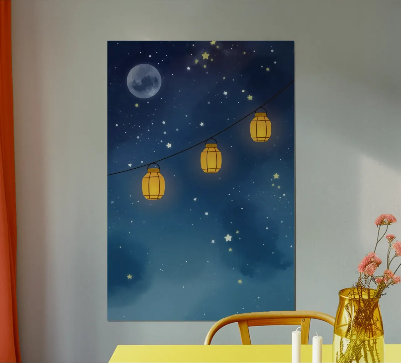 Lanternes sous un ciel étoilé avec lune poster de DesignDoodle