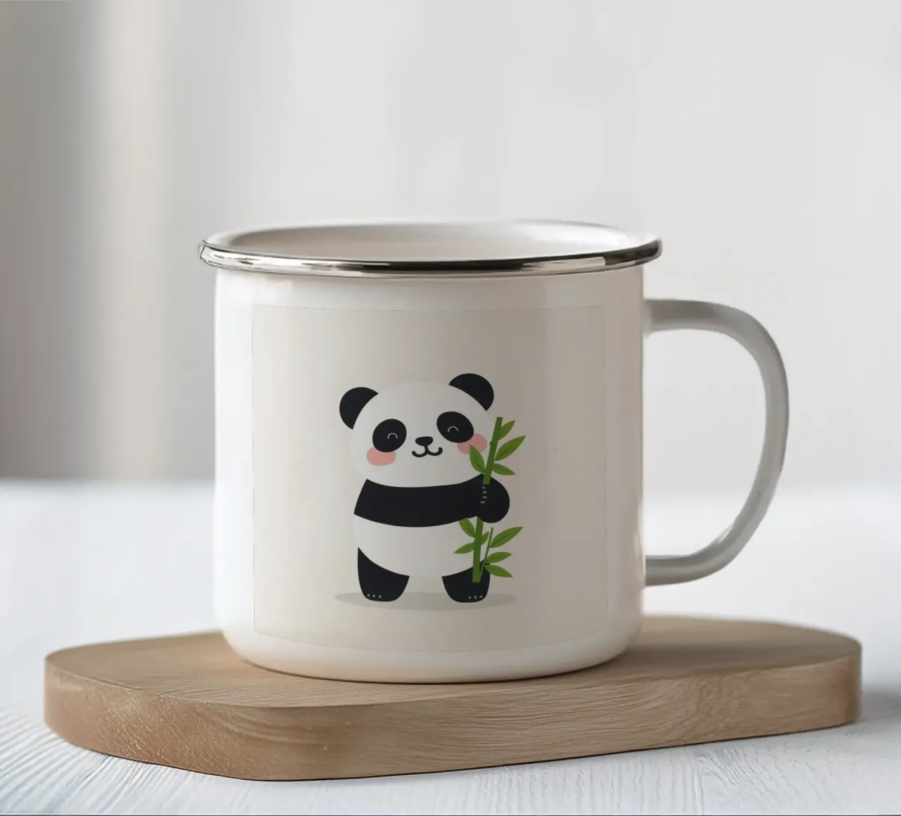 Simpatico panda felice che abbraccia il bastone di bambù tazza in smalto da DesignDoodle
