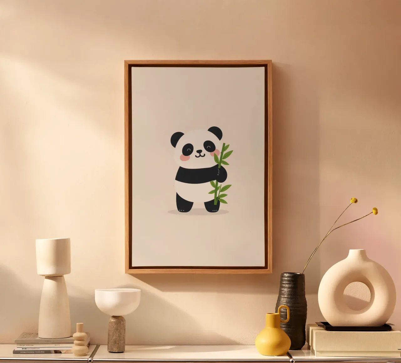 Simpatico panda felice che abbraccia il bastone di bambù tela con Cornice a cassetta da DesignDoodle