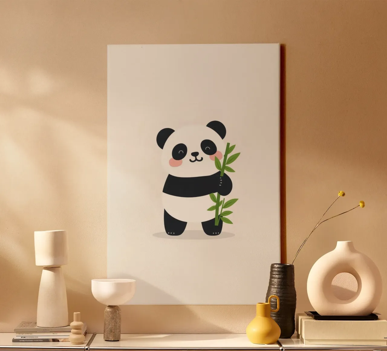 Simpatico panda felice che abbraccia il bastone di bambù tela con Cornice a cassetta da DesignDoodle