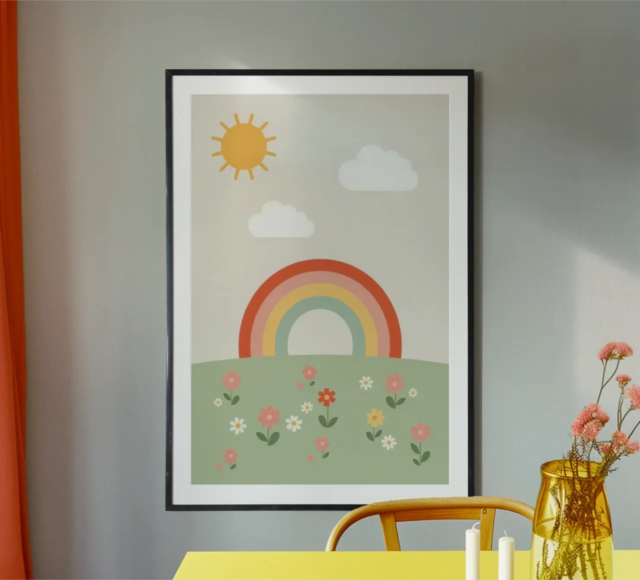 Fiori arcobaleno carino Sole e nuvole poster con telaio in alluminio da DesignDoodle