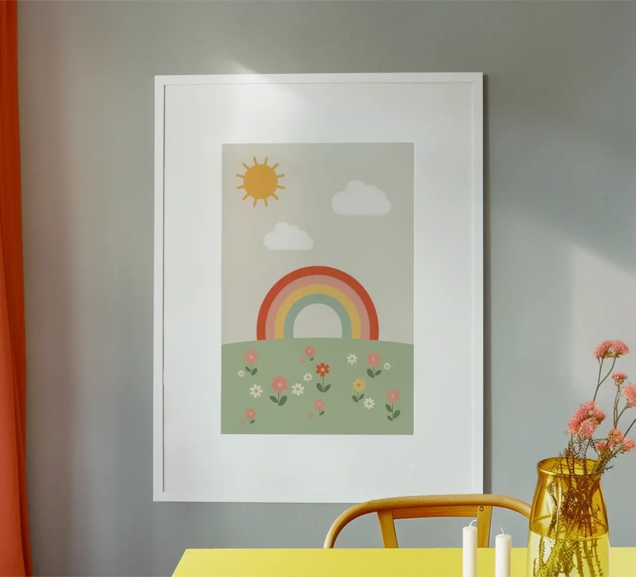 Fiori arcobaleno carino Sole e nuvole poster con telaio in alluminio da DesignDoodle