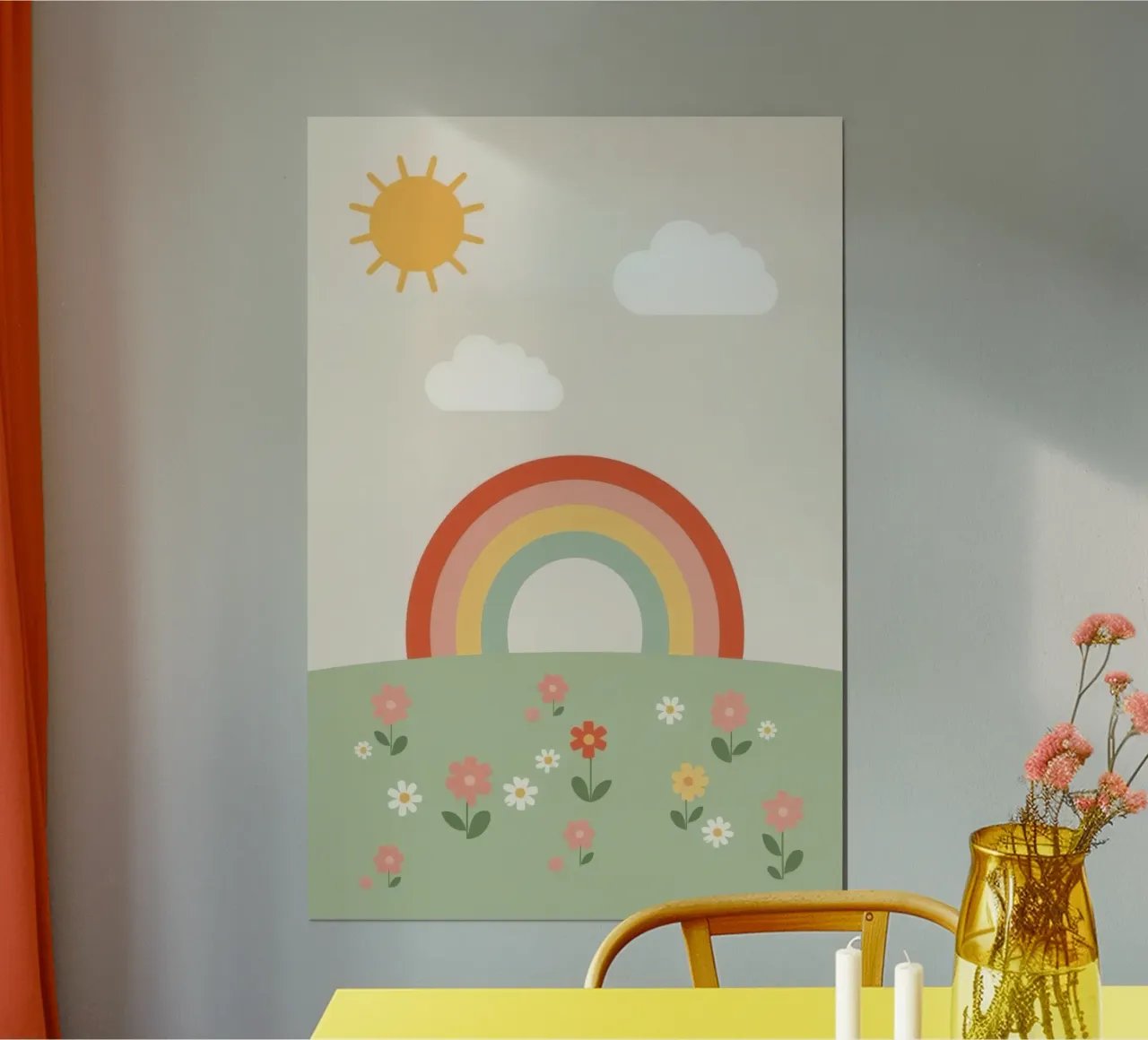Fiori arcobaleno carino Sole e nuvole poster con telaio in alluminio da DesignDoodle