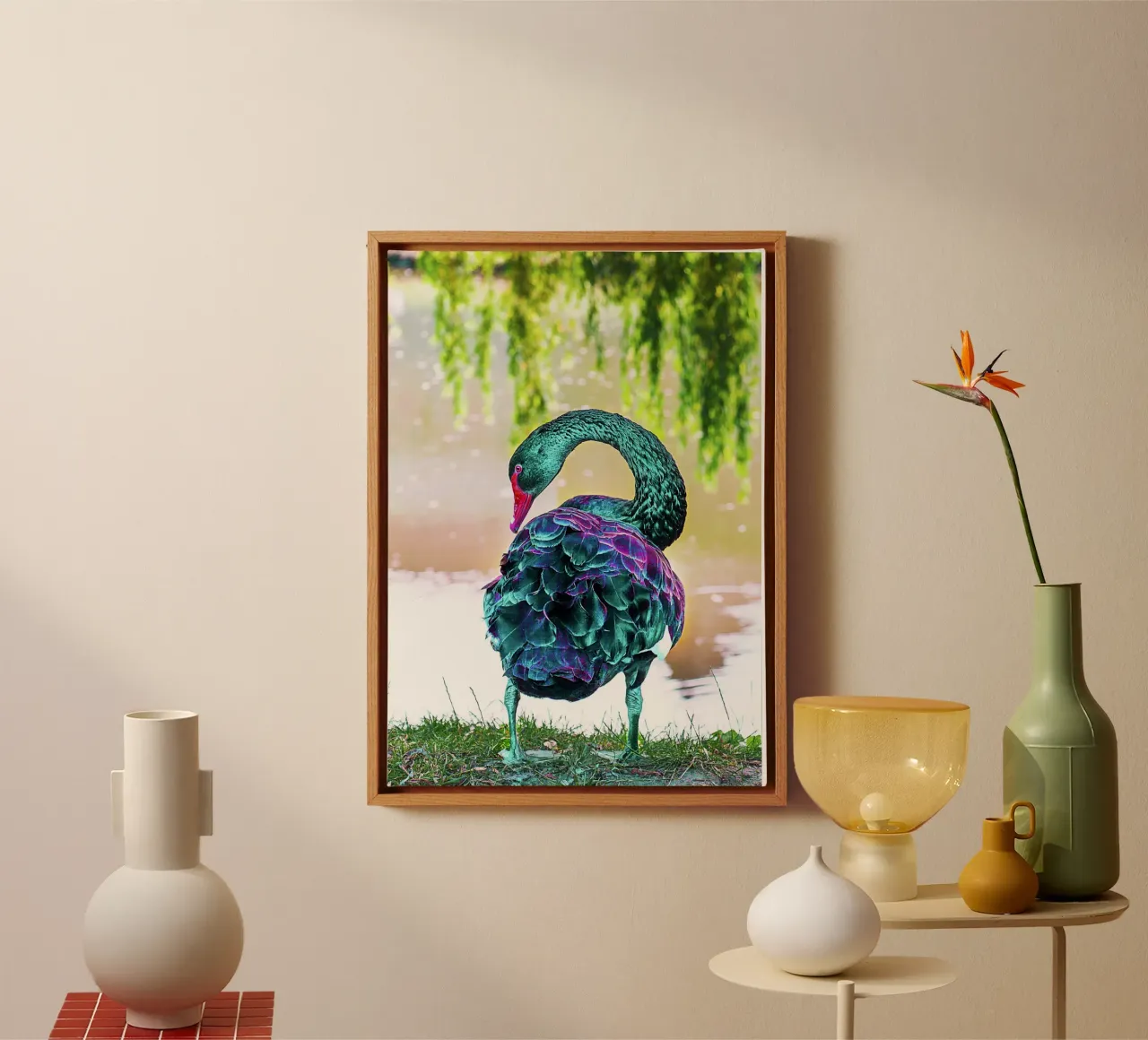 Neonschwan aus einer anderen Welt - Surrealer Kunstdruck Leinwand mit Schattenfugenrahmen von jay