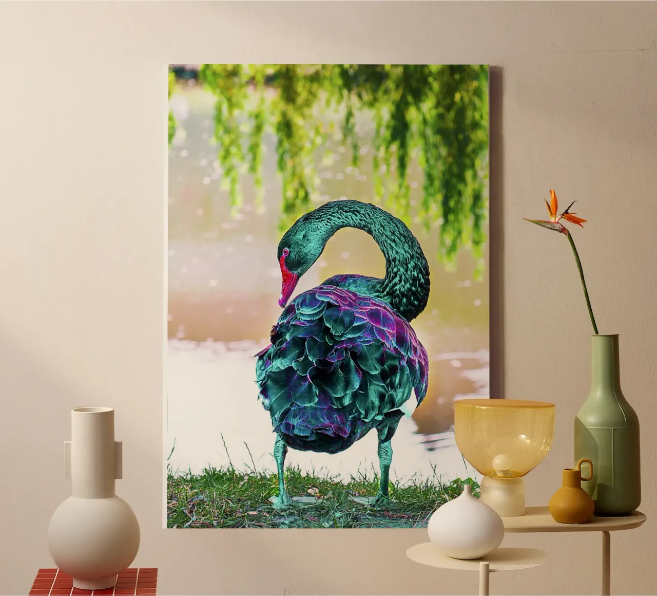 Neonschwan aus einer anderen Welt - Surrealer Kunstdruck Leinwand mit Schattenfugenrahmen von jay