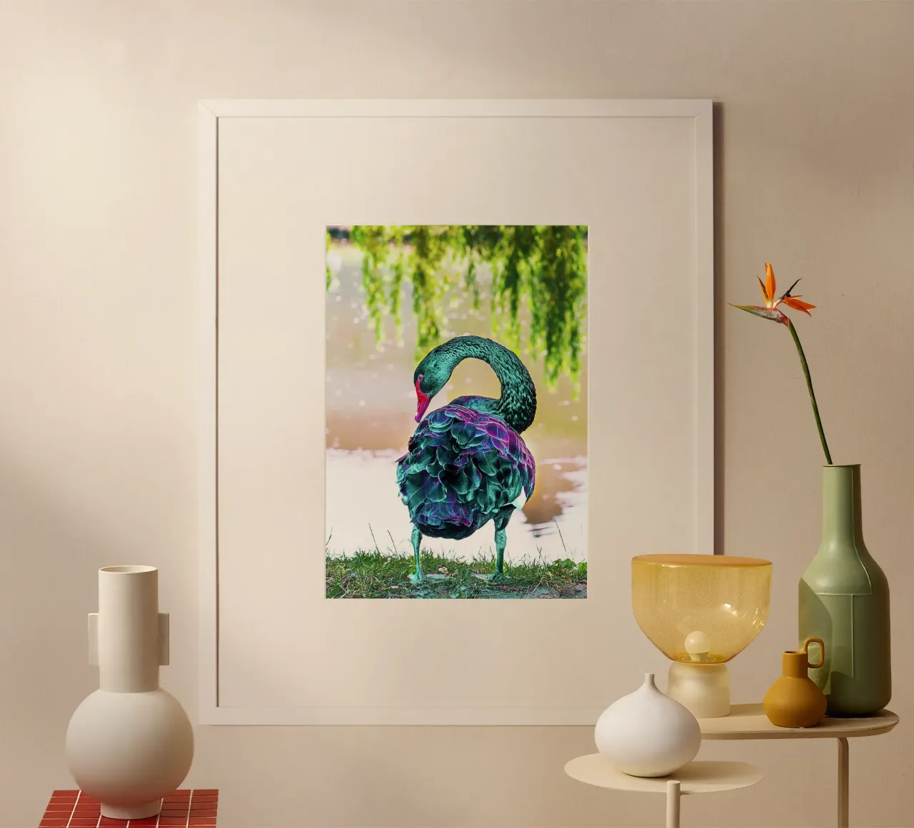 Neonschwan aus einer anderen Welt - Surrealer Kunstdruck Poster von jay