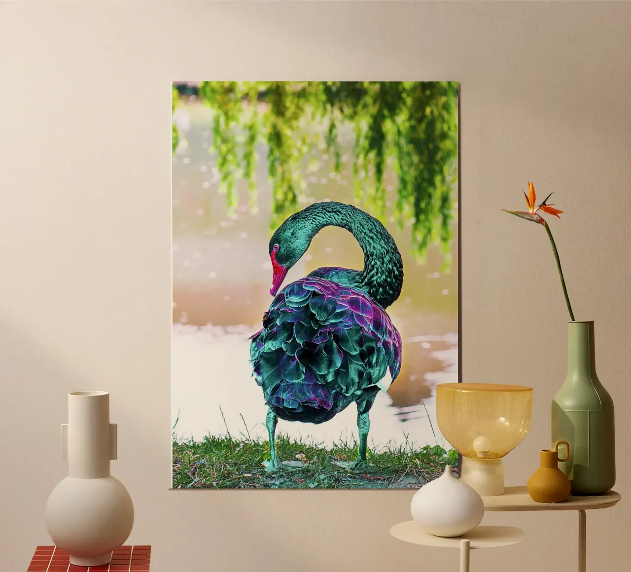 Neonschwan aus einer anderen Welt - Surrealer Kunstdruck Poster von jay