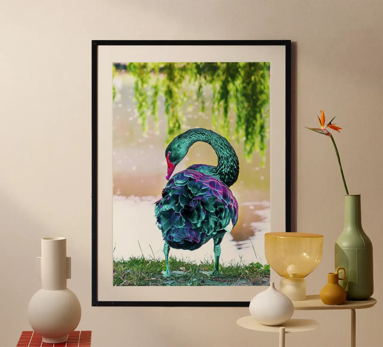 Neonschwan aus einer anderen Welt - Surrealer Kunstdruck Poster von jay