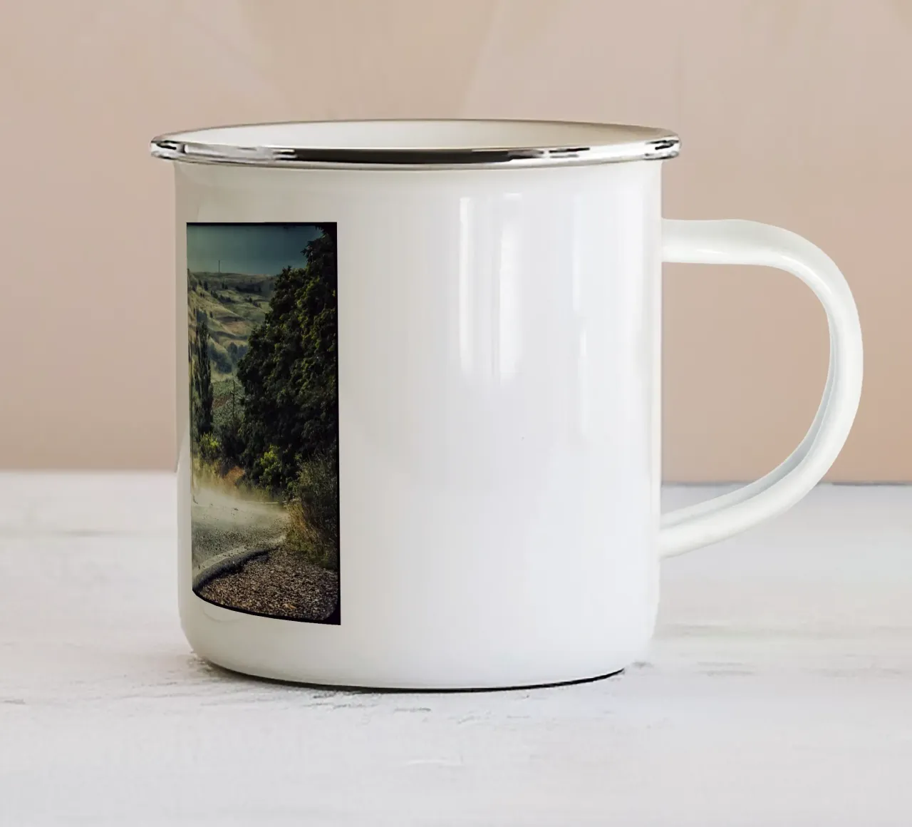 The Empty Curve – Dust, Light & Silence enamel mug by jay