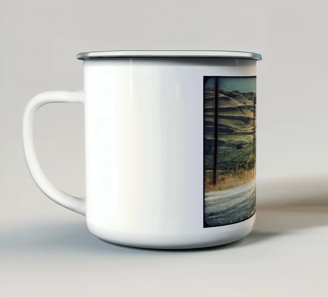 The Empty Curve – Dust, Light & Silence enamel mug by jay