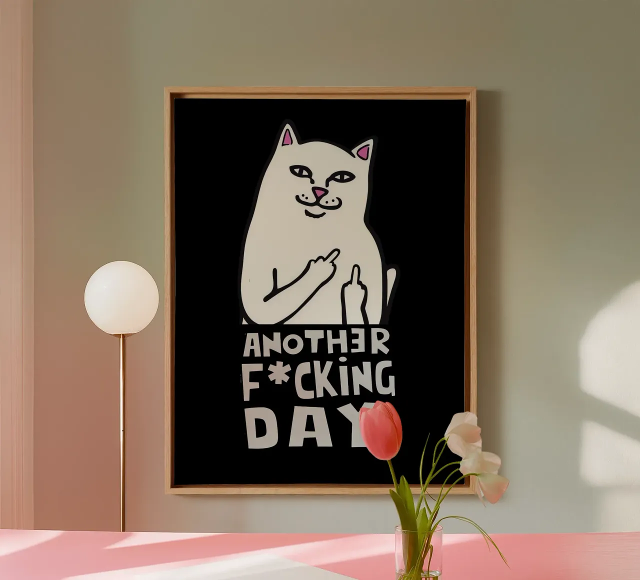 Sassy Cat – Another F*cking Day canvas with Floater frame by Arjun