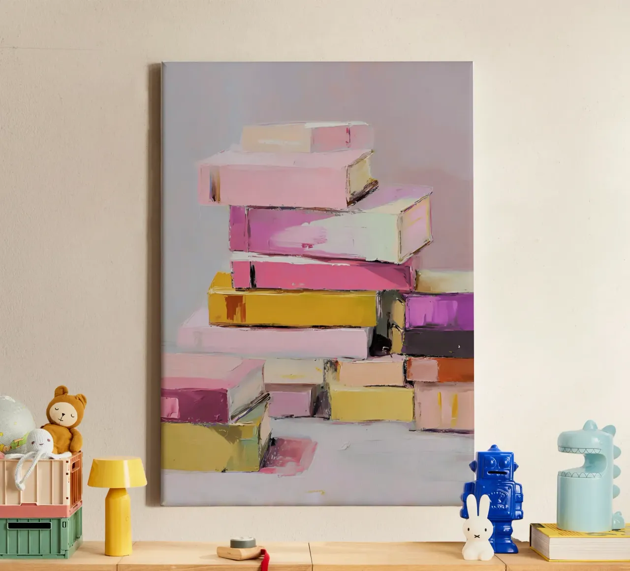 Modern Abstract Boek Stapel Impressionistische Kunst canvas met Baklijst van vintagepod