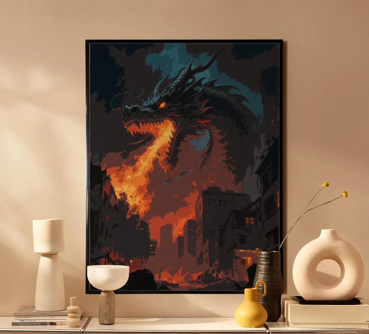 Fiamma di drago in città poster con telaio in alluminio da knowledge