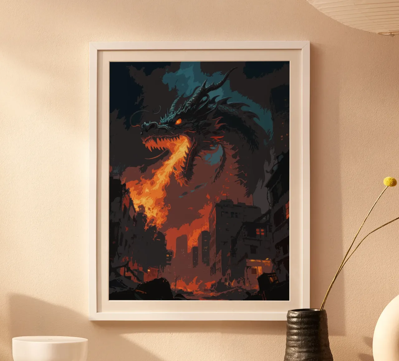 Fiamma di drago in città poster con telaio in alluminio da knowledge