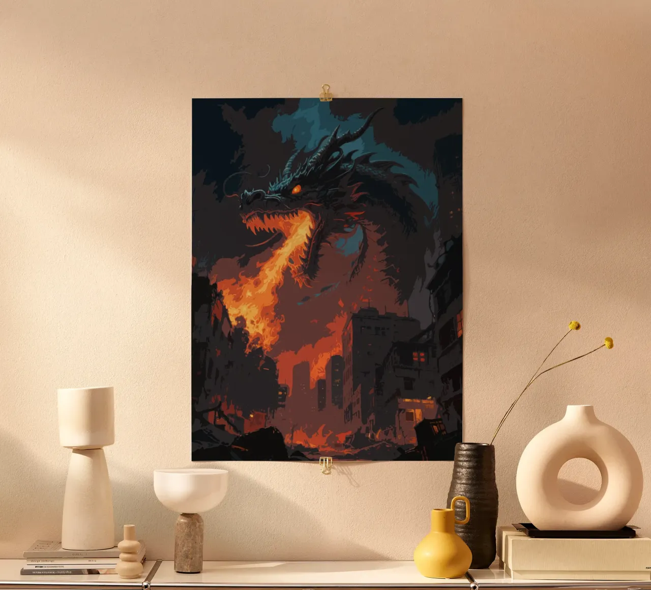 Fiamma di drago in città poster con telaio in alluminio da knowledge
