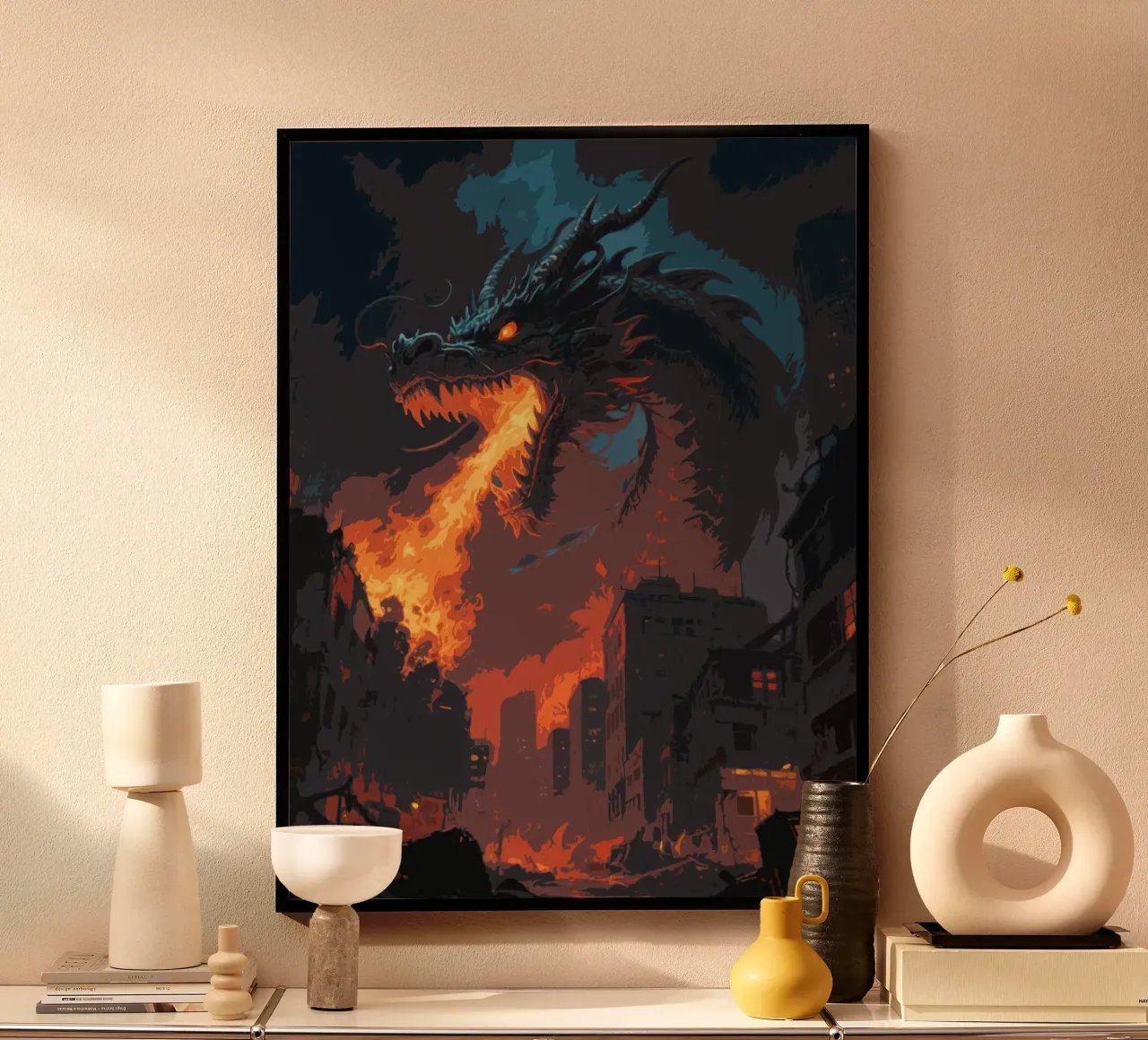 Fiamma di drago in città poster con telaio in alluminio da knowledge