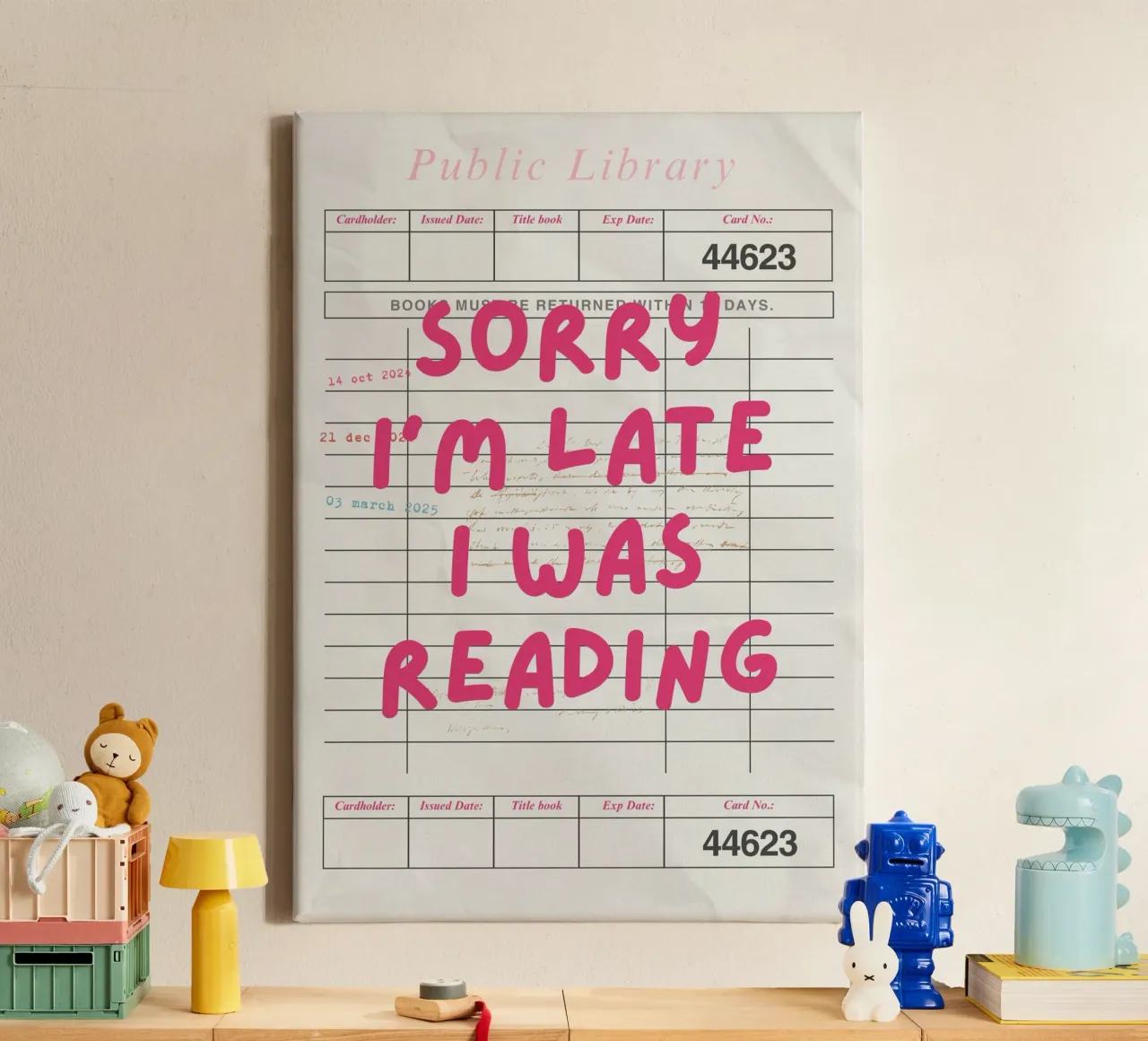 Sorry I'm Late I Was Reading Library Card canvas with Floater frame by vintagepod