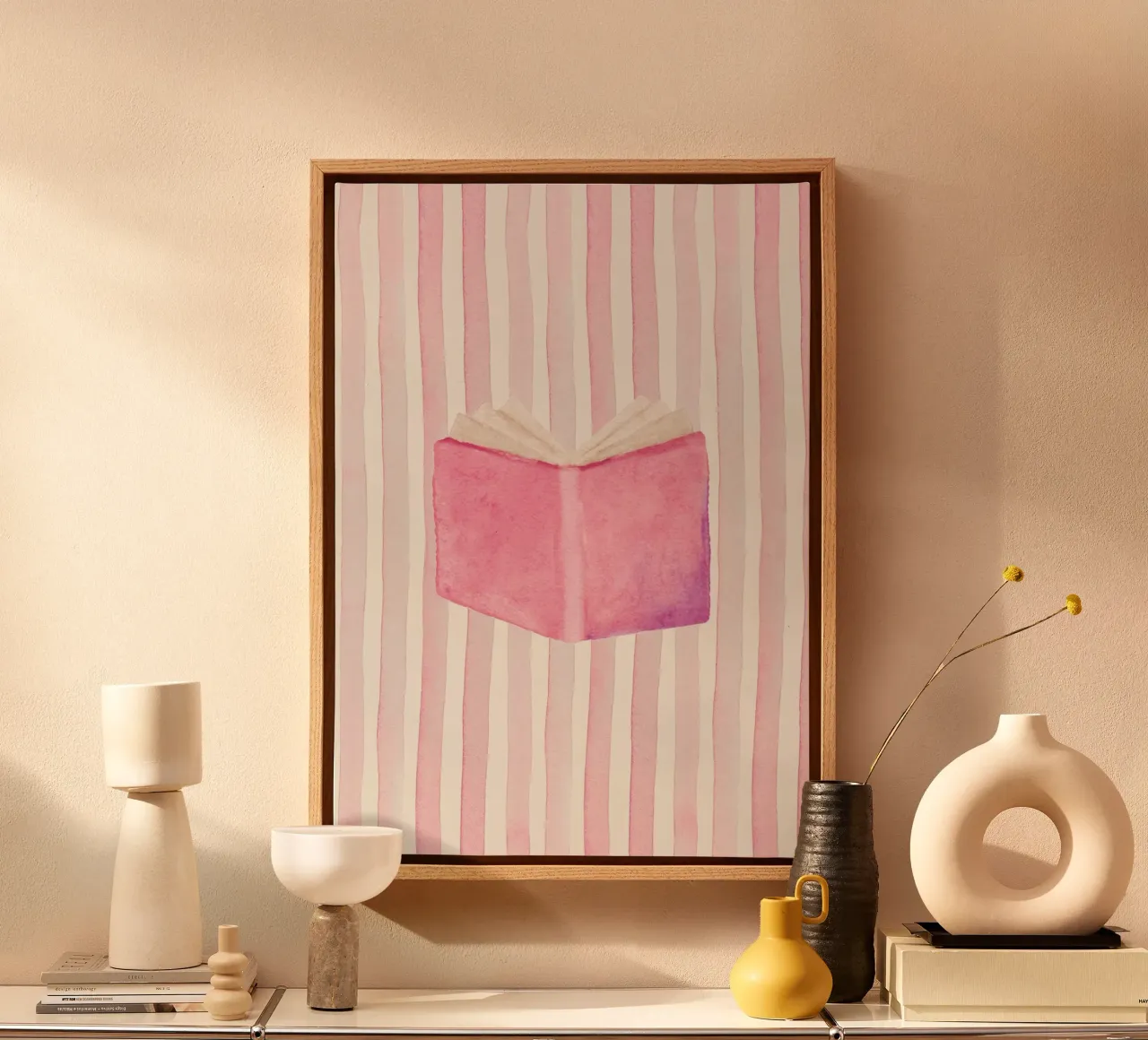 Aquarel Open Boek Roze Gestreepte Kunstdruk canvas met Baklijst van vintagepod
