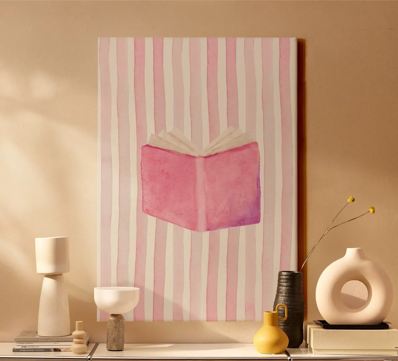 Aquarel Open Boek Roze Gestreepte Kunstdruk canvas met Baklijst van vintagepod