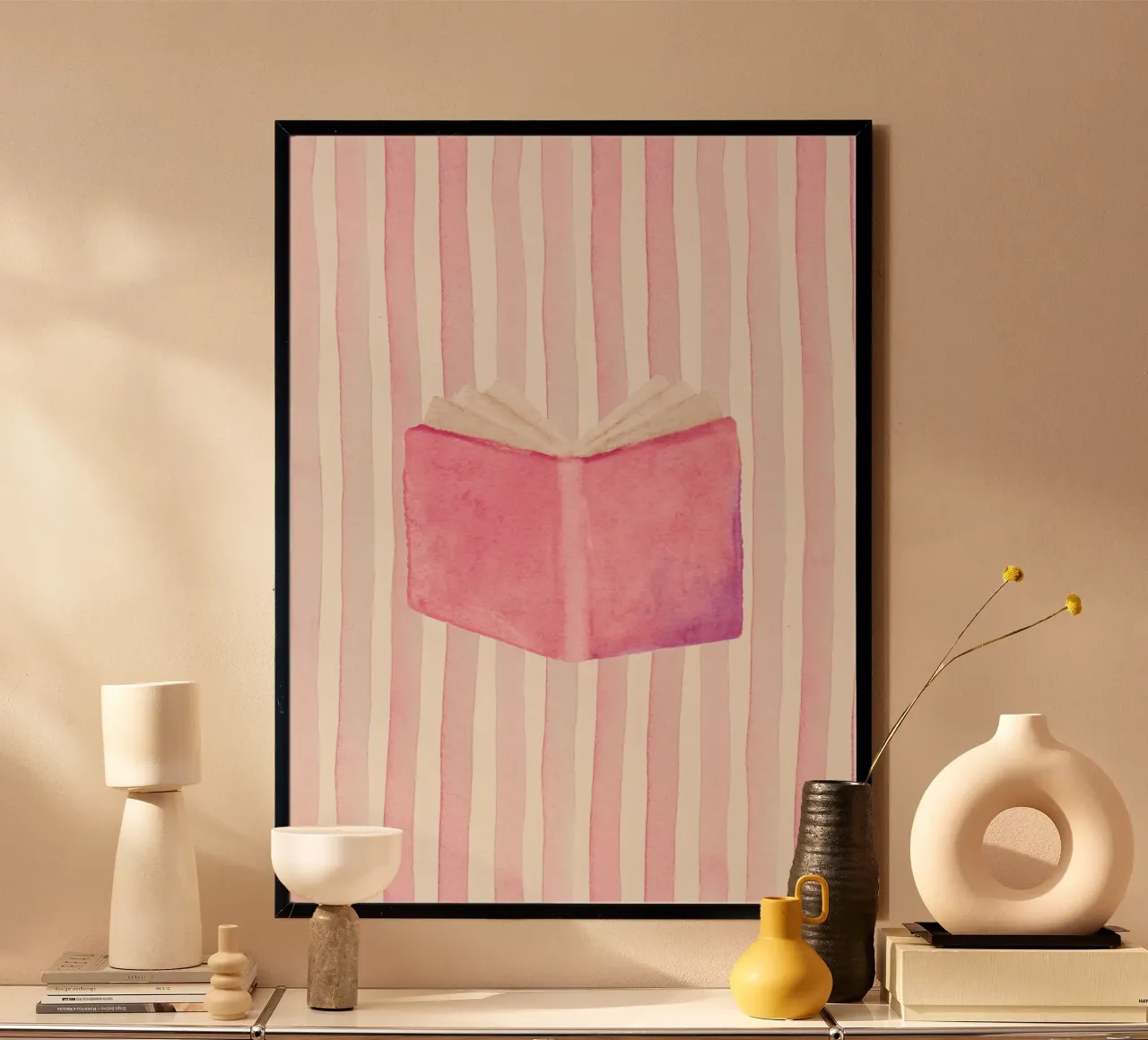 Aquarel Open Boek Roze Gestreepte Kunstdruk poster van vintagepod