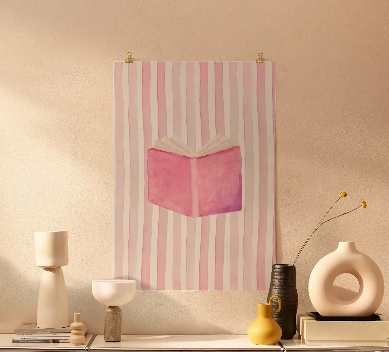Aquarel Open Boek Roze Gestreepte Kunstdruk poster van vintagepod