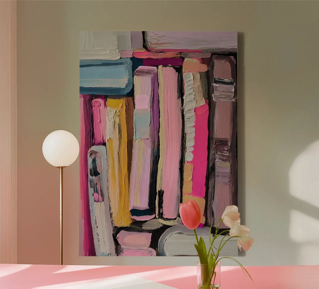 Libreria astratta rosa e gialla Impasto Art tela con Cornice a cassetta da vintagepod