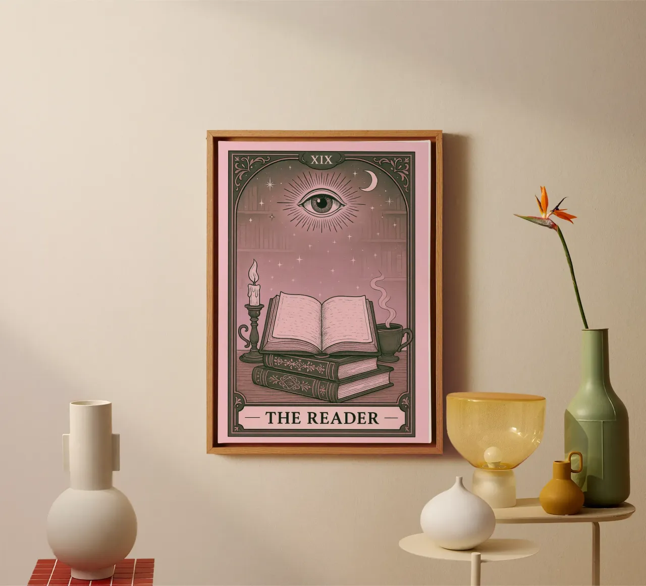De Reader Tarotkaart Dark Academia Poster canvas met Baklijst van vintagepod