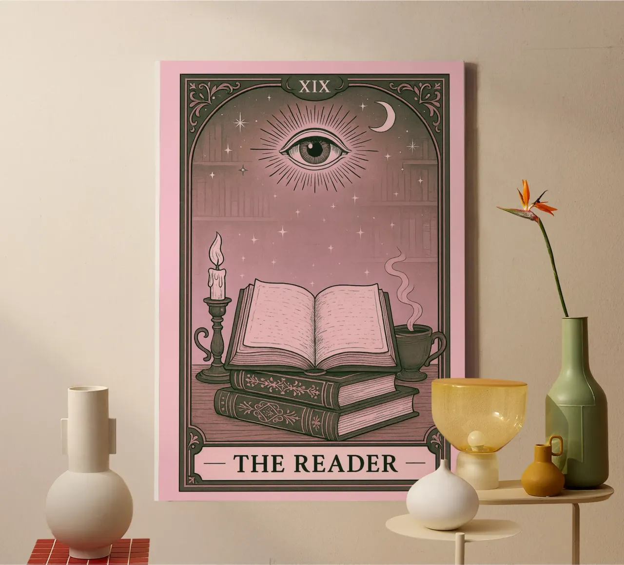 De Reader Tarotkaart Dark Academia Poster canvas met Baklijst van vintagepod