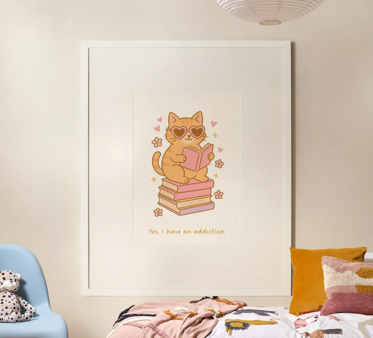 Cartel de adicción a los libros de un lindo gato leyendo poster con marco de plástico de vintagepod