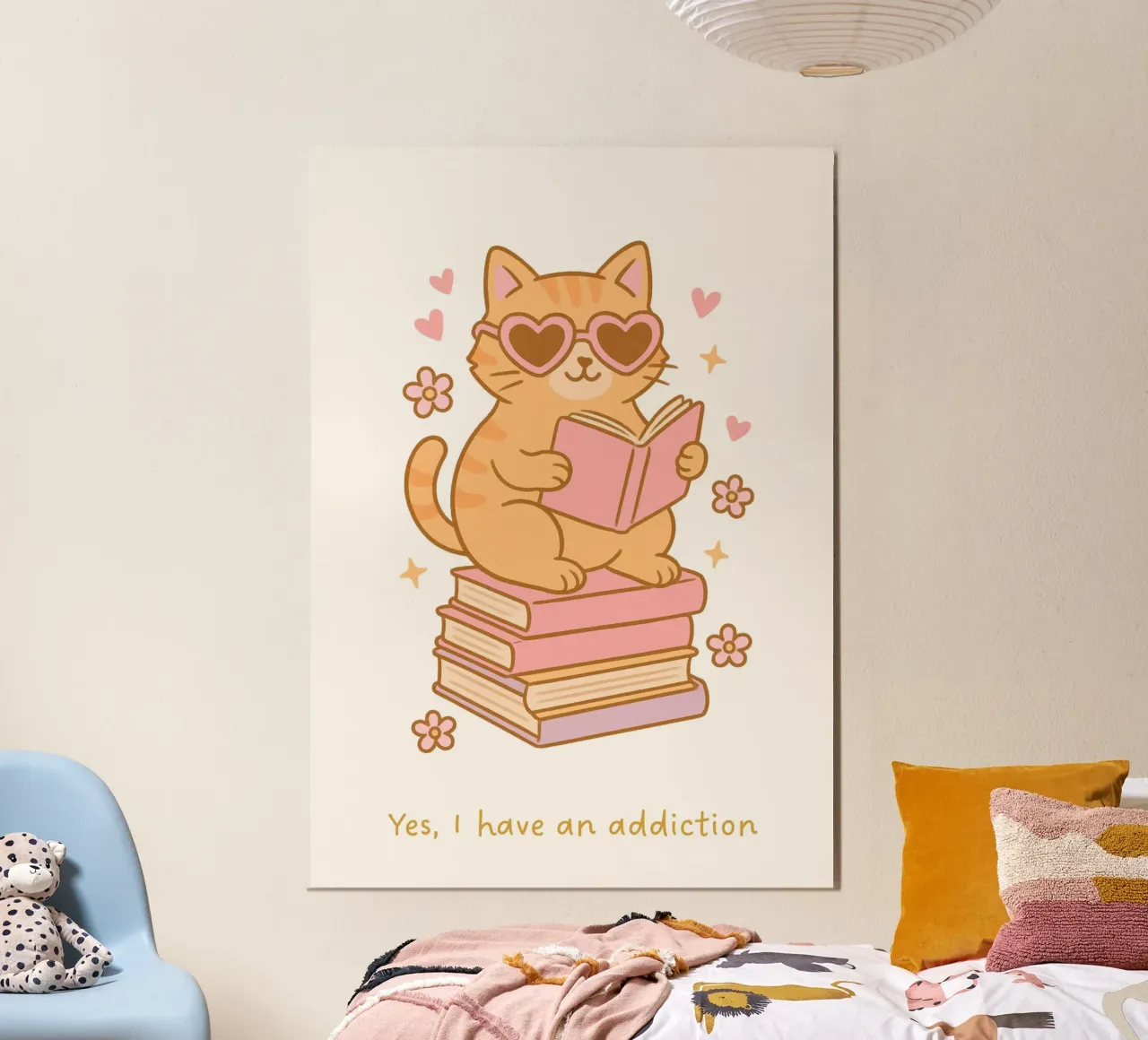 Cartel de adicción a los libros de un lindo gato leyendo poster con marco de plástico de vintagepod