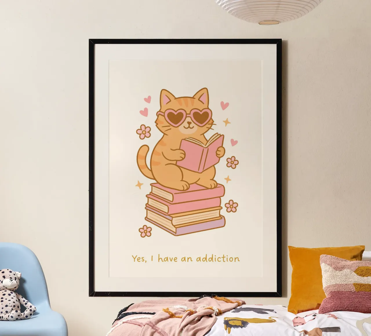 Cartel de adicción a los libros de un lindo gato leyendo poster con marco de plástico de vintagepod