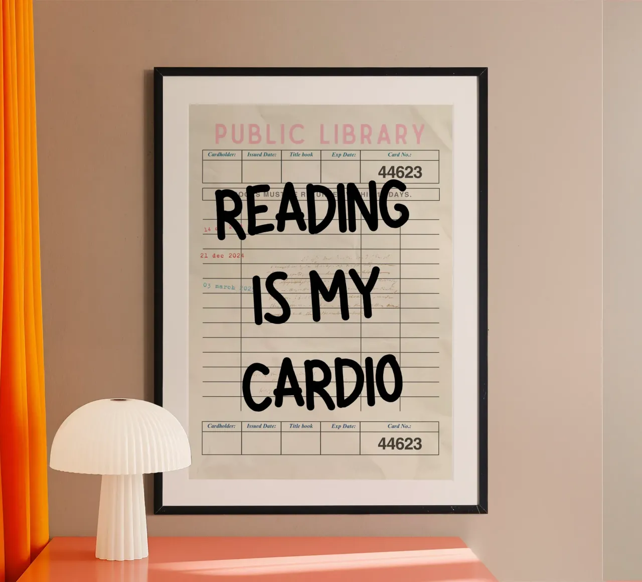 Reading is My Cardio Funny Library Card Print poster with wooden frame by vintagepod