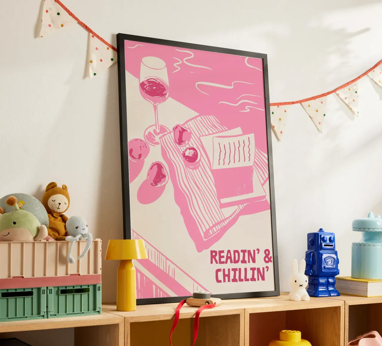 Stampa Picnic rosa Readin' & Chillin' poster con telaio in alluminio da vintagepod