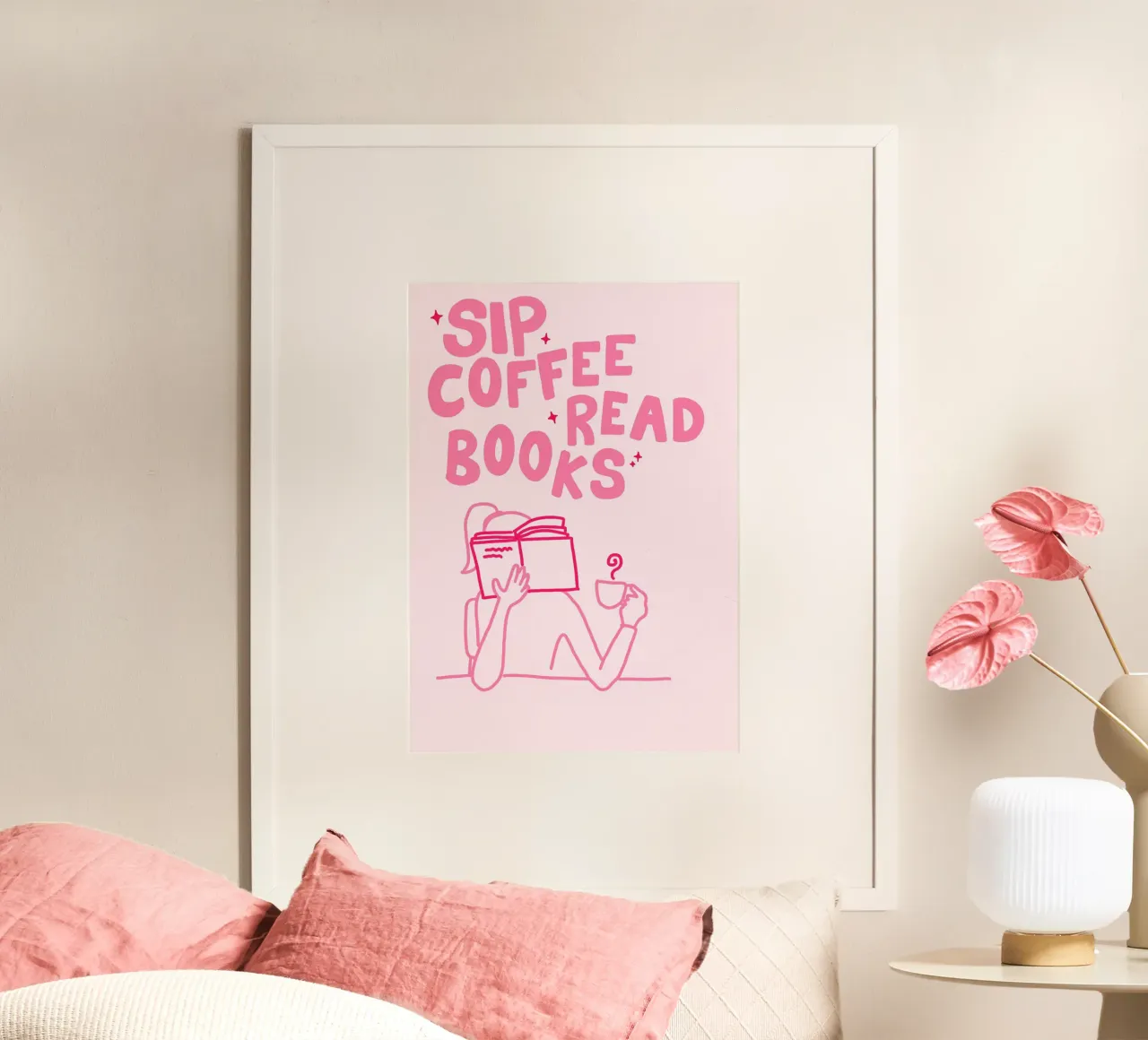 Sip Coffee Read Books Minimalist Quote Print (Siroter du café, lire des livres) poster avec cadre en aluminium de vintagepod