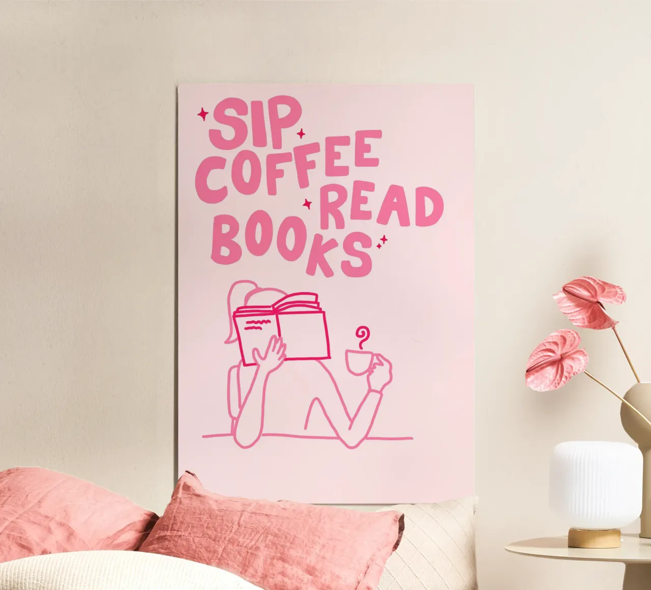 Sip Coffee Read Books Minimalist Quote Print (Siroter du café, lire des livres) poster avec cadre en aluminium de vintagepod