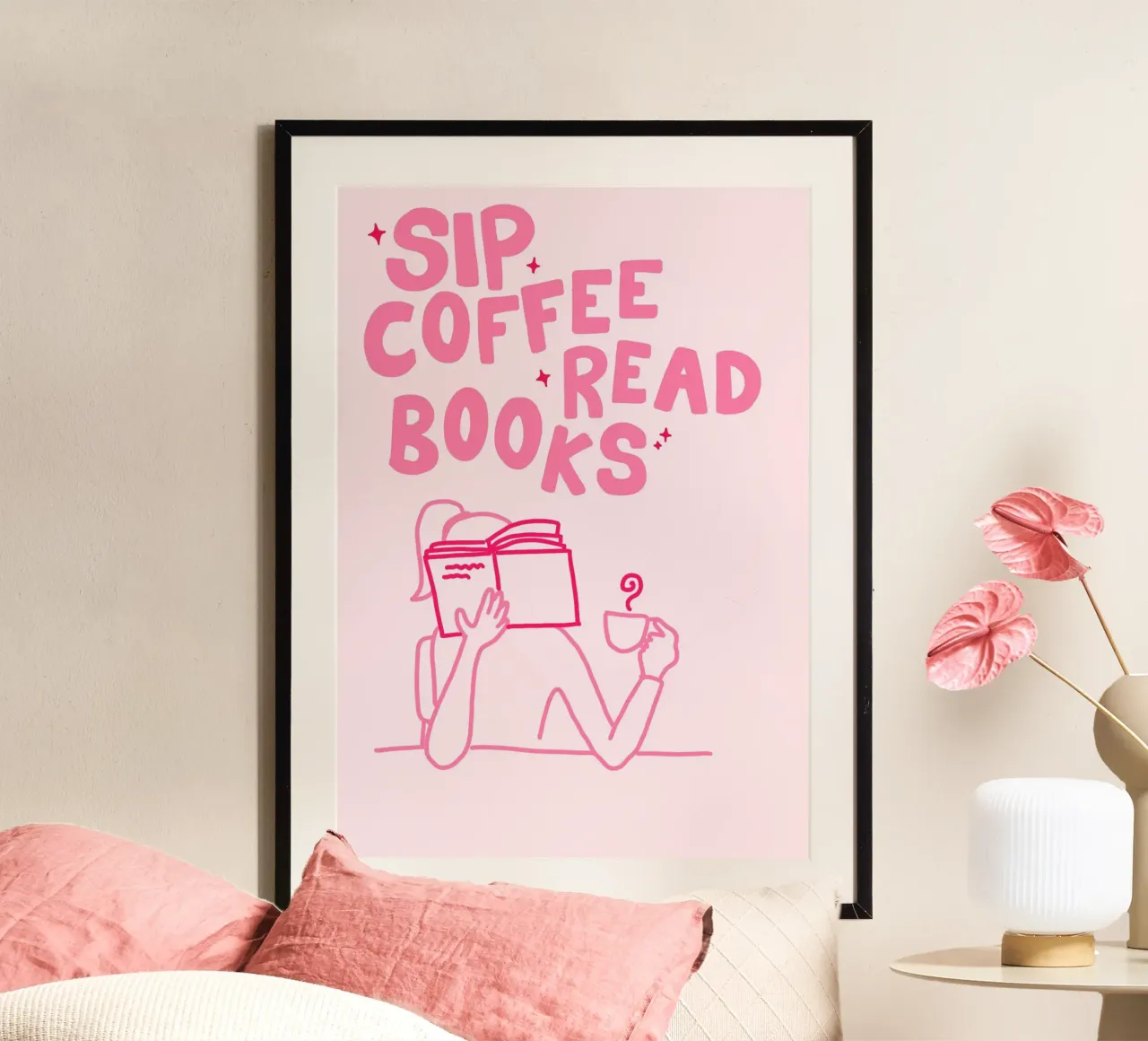 Sip Coffee Read Books Minimalist Quote Print (Siroter du café, lire des livres) poster avec cadre en aluminium de vintagepod