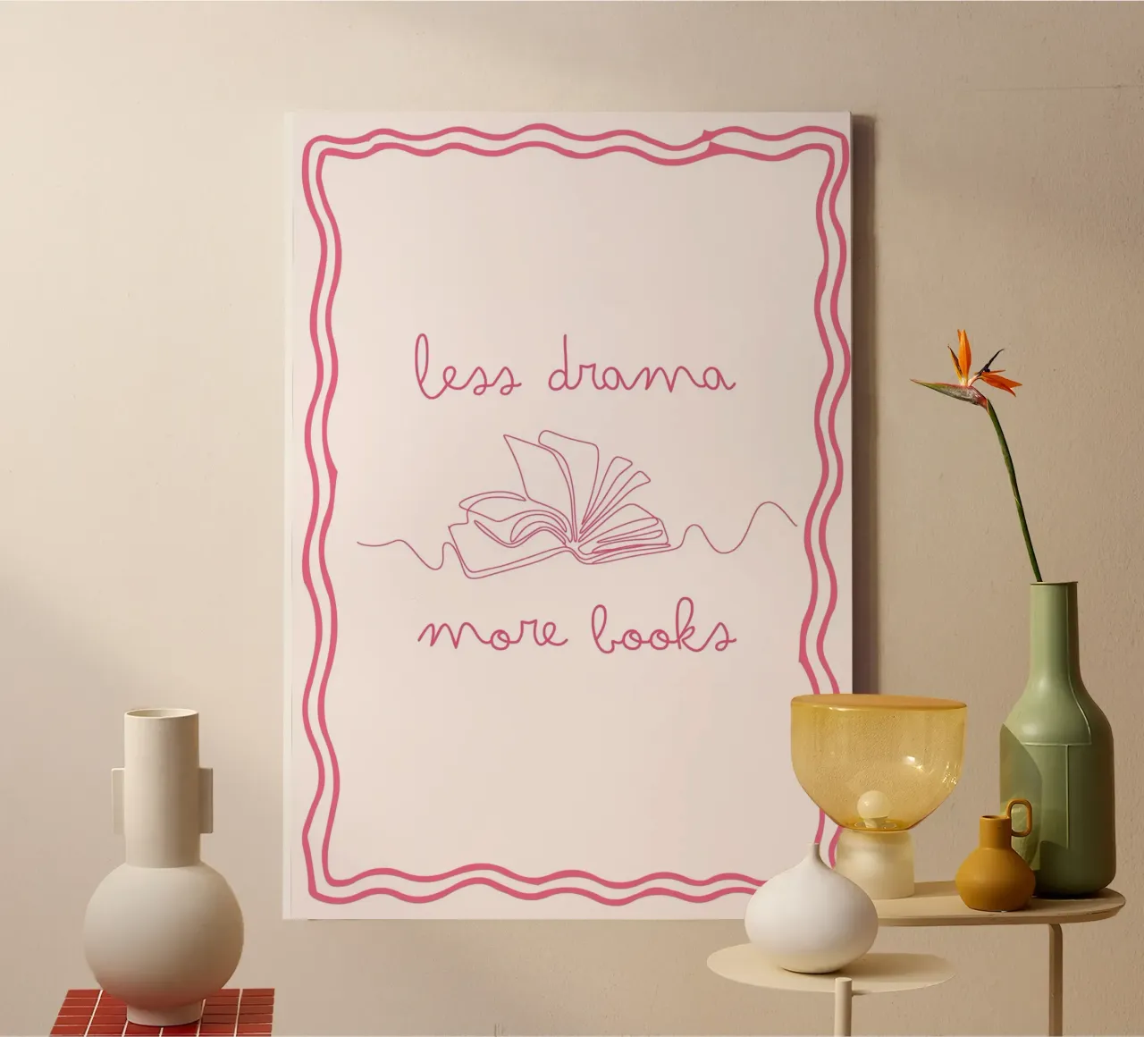 Less Drama More Books Line Art Poster canvas with Floater frame by vintagepod