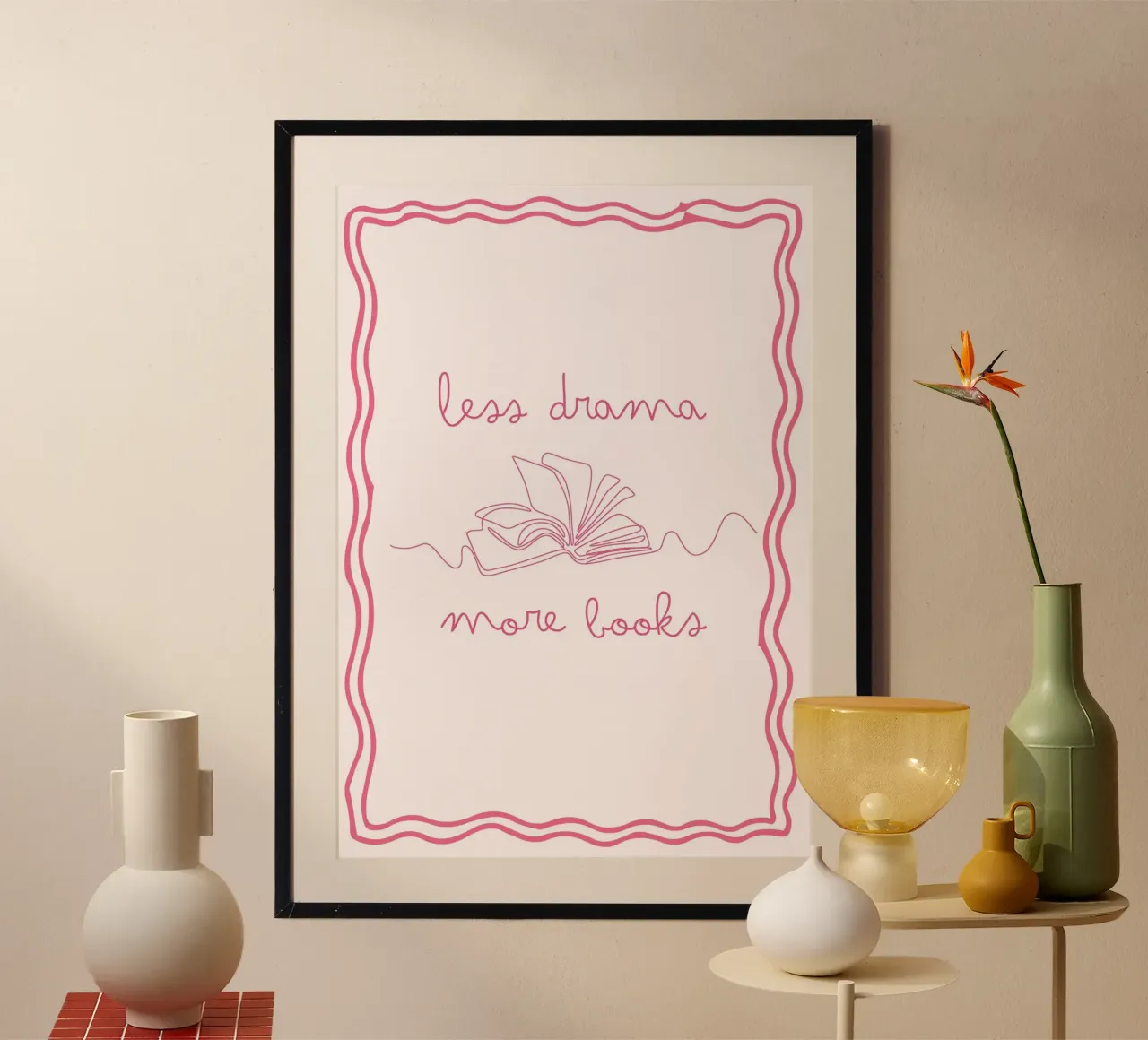 Less Drama More Books Line Art Poster poster con telaio in plastica da vintagepod