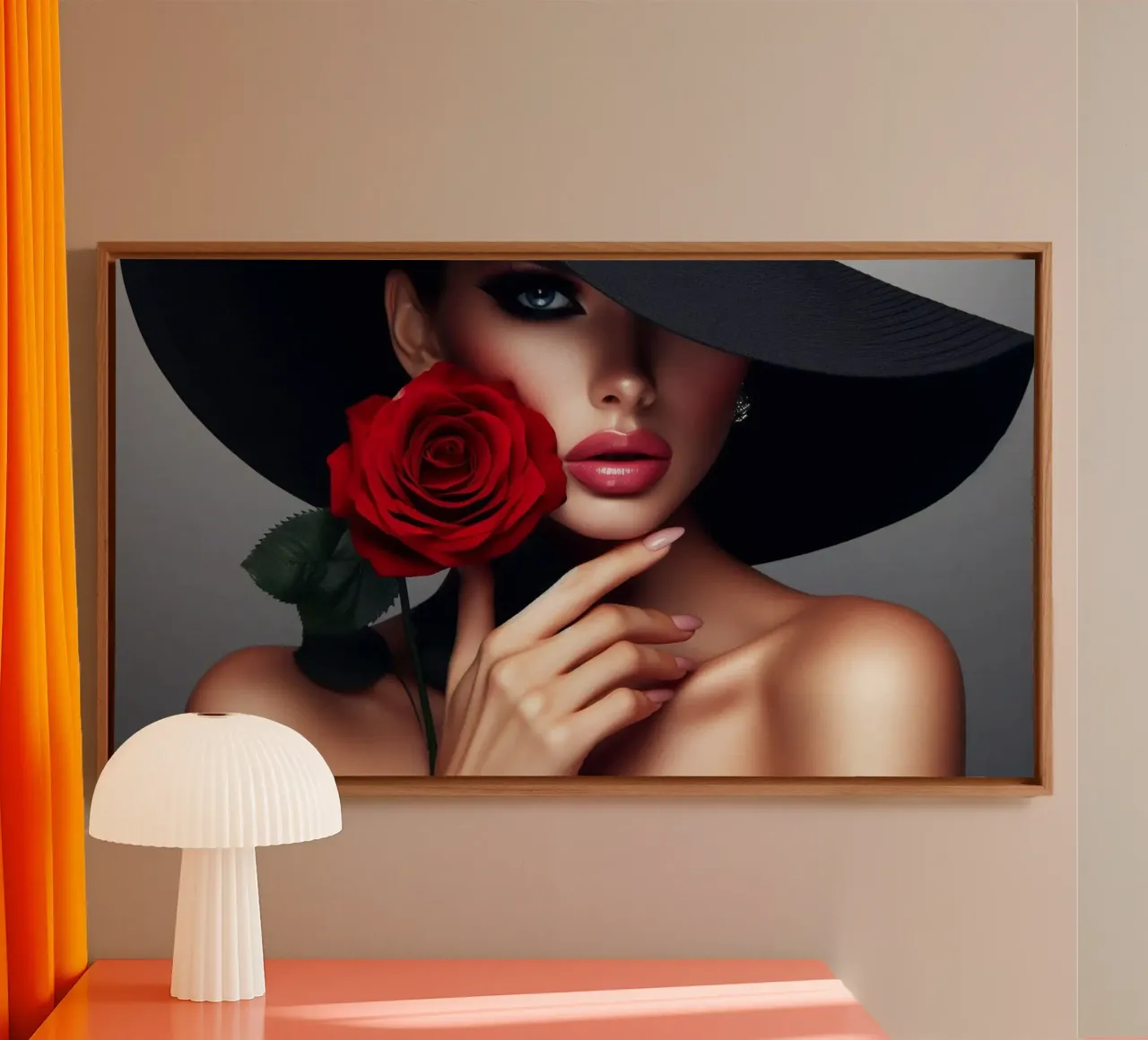 Donna con cappello nero e rosa rossa tela con Cornice a cassetta da BenCoStyle