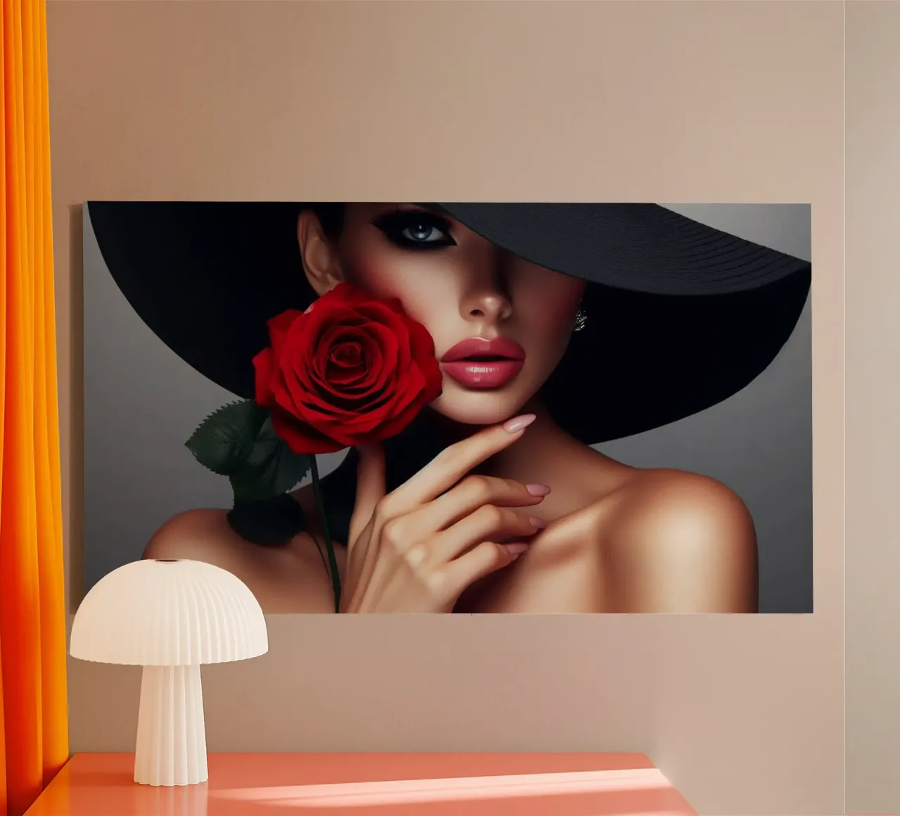 Donna con cappello nero e rosa rossa tela con Cornice a cassetta da BenCoStyle