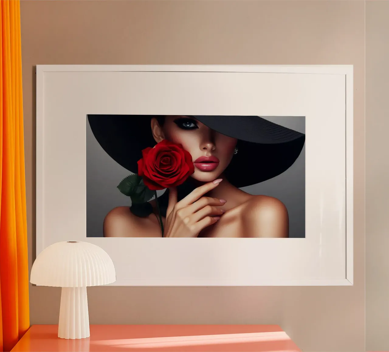 Donna con cappello nero e rosa rossa poster con telaio in alluminio da BenCoStyle