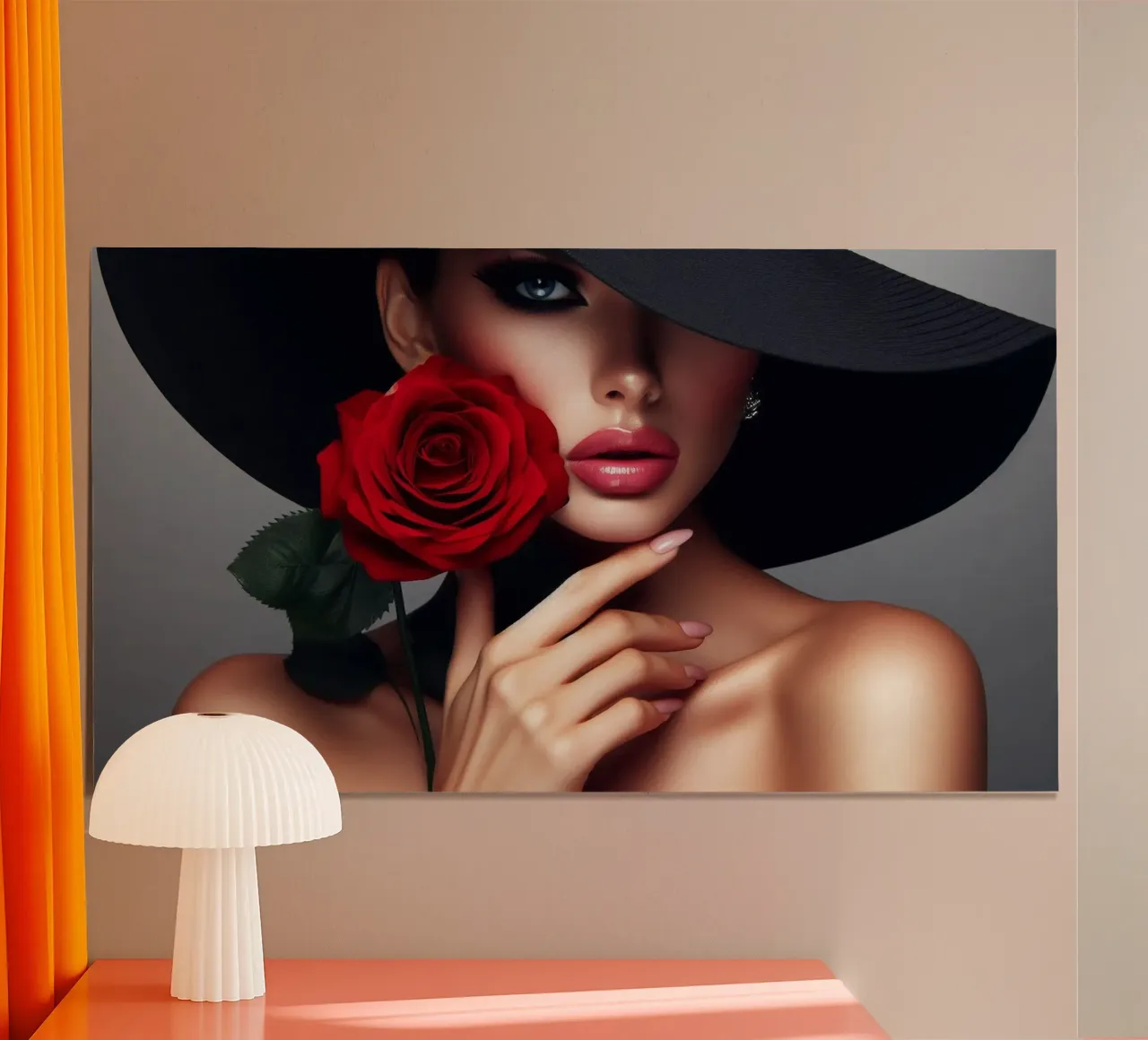 Donna con cappello nero e rosa rossa poster con telaio in alluminio da BenCoStyle
