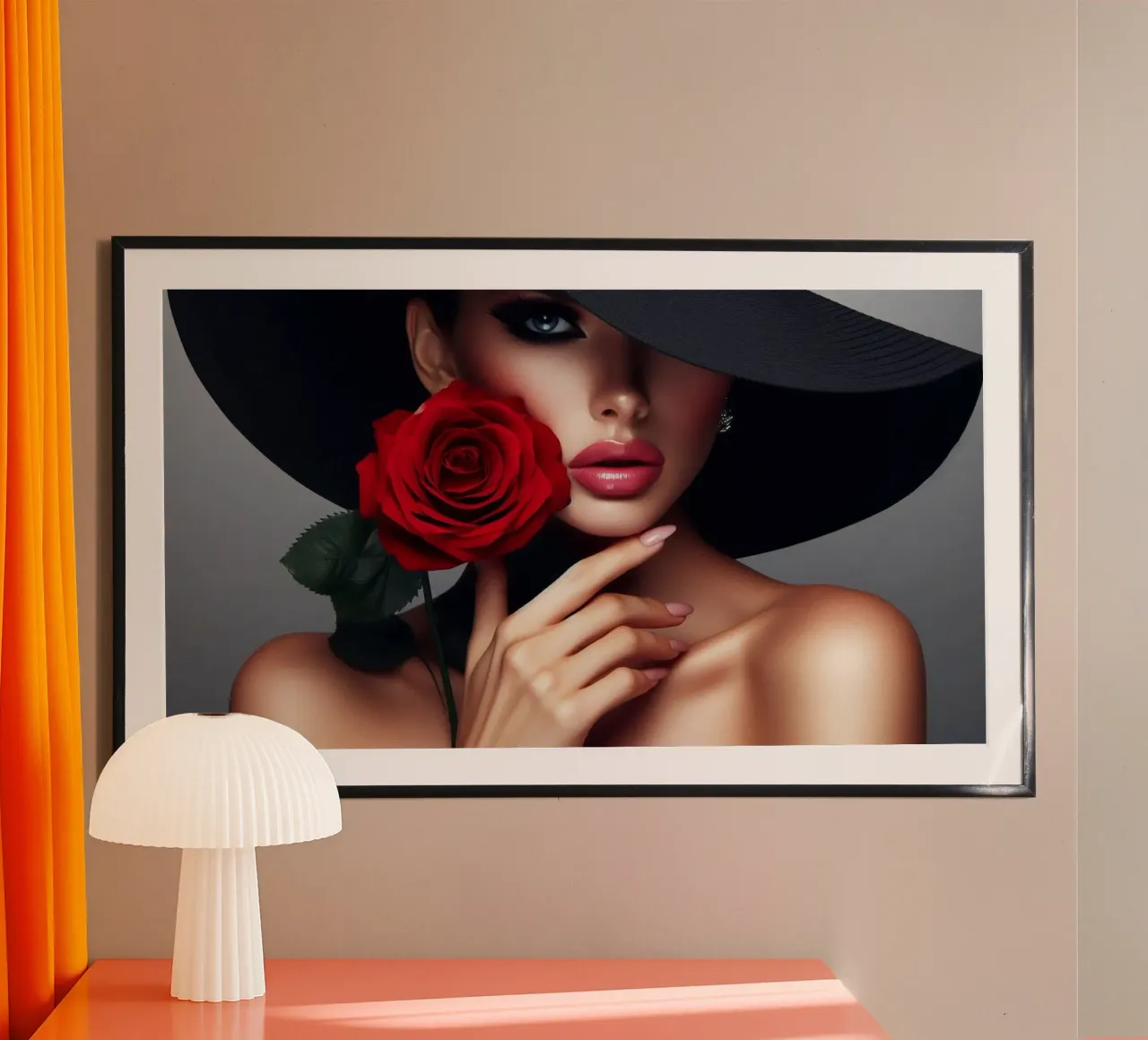Donna con cappello nero e rosa rossa poster con telaio in alluminio da BenCoStyle