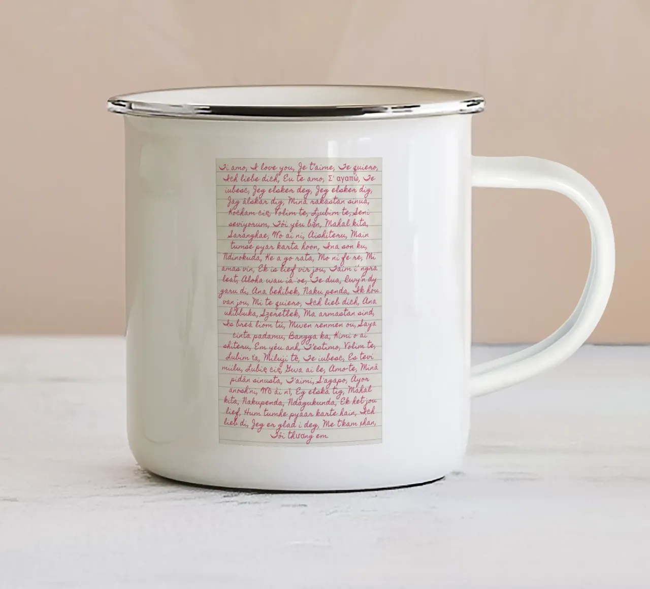 Ich liebe dich" in vielen Sprachen Script Print Emaille Tasse von vintagepod